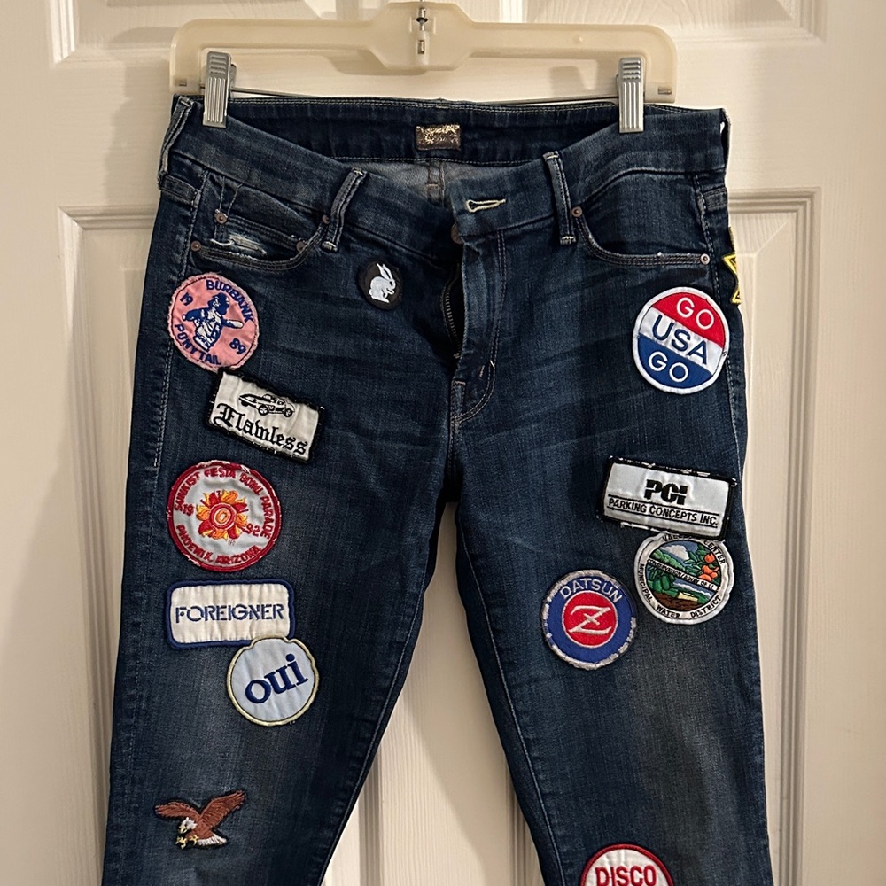 Mothers Embellished Blue Jeans with Patches